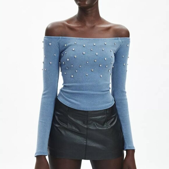 NWT UO Silence + Noise Della Shine Blue Boatneck Knit Top - Picture 5 of 5